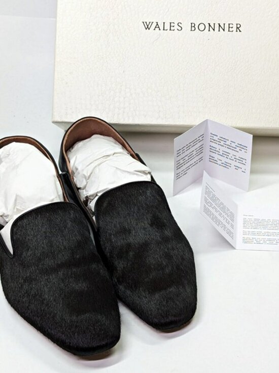 Wales Bonner Men\'s Black Calf Hair Slip On Moccasin Loafers Size 43 (MSRP $775)